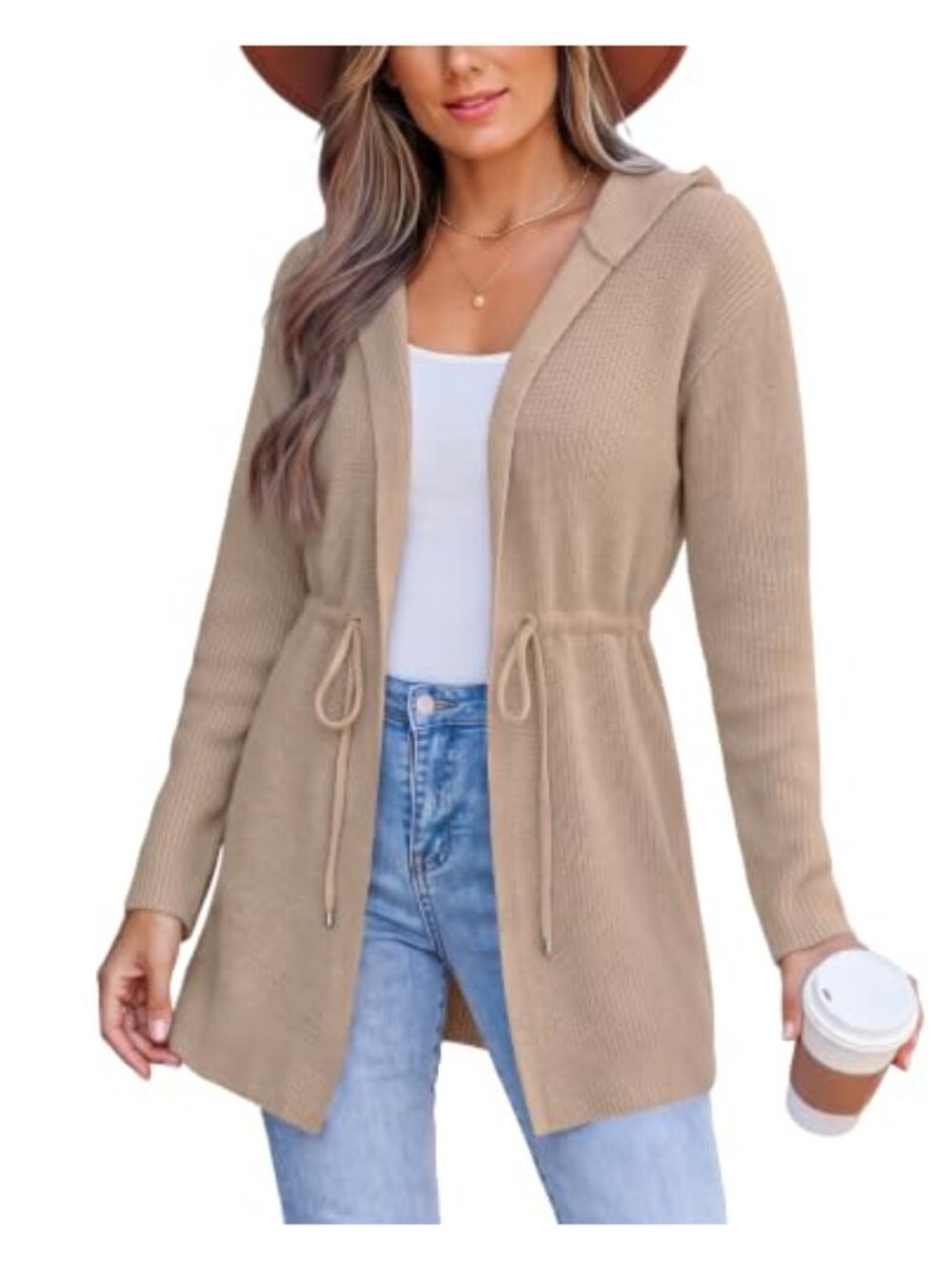 Oversized Cable Knit Hooded Cardigan Sweater Drawstring Waist Women